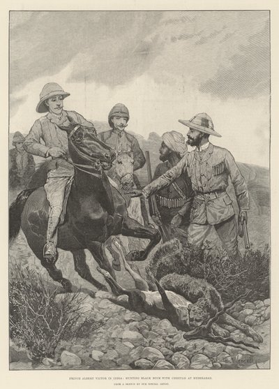 Prins Albert Victor in India, jacht op Zwarte Bok met Jachtluipaard in Hyderabad door Richard Caton Woodville junior